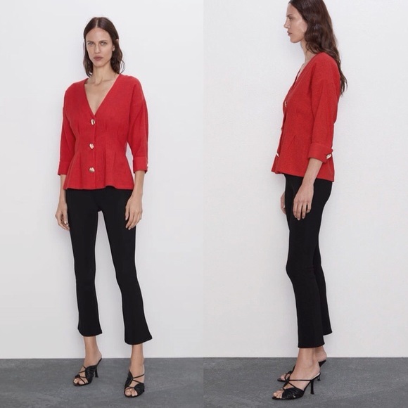 Zara NWT Red Textured Chunky Button Top M - Picture 6 of 11